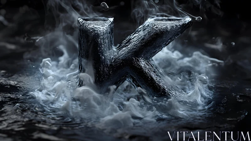 Metallic letter K emerging from smoky water, dramatic digital art.