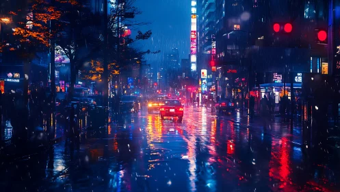 Neon soaked night street under reflective city rainfall.