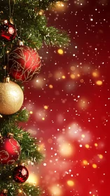 Glistening Christmas baubles glow against a rich red bokeh