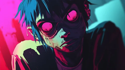 Neon lit cartoon character portrait with glowing goggles.