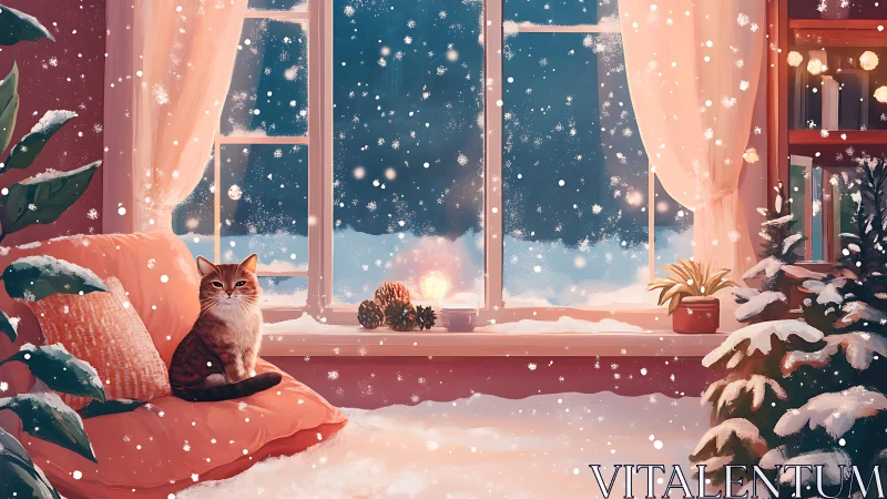 Digital painting of cozy winter window nook with cat focus.