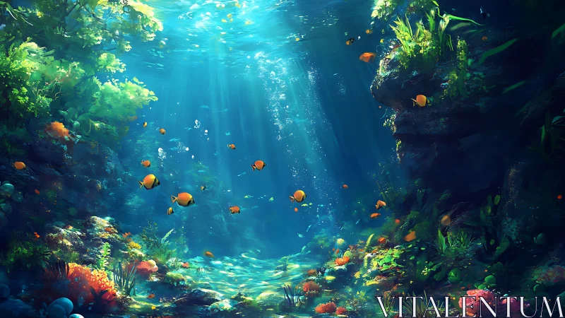 Sunlit reef whispers as golden fish stitch wandering paths