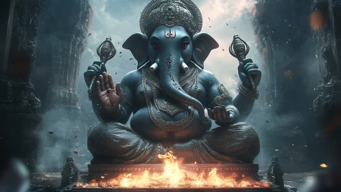 Blue elephant-headed deity statue sits before ritual fire