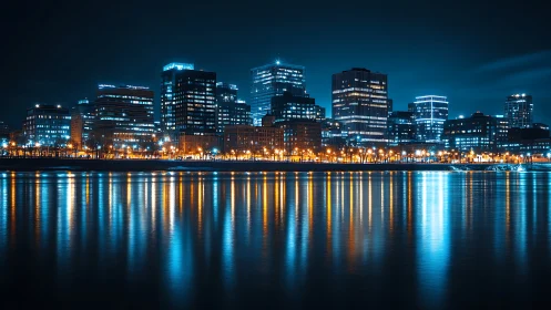 Cozy blue city skyline glowing softly over calm water.