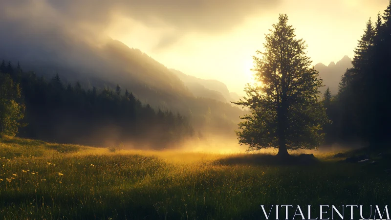 Golden sunrise gently warms a quiet misty mountain meadow