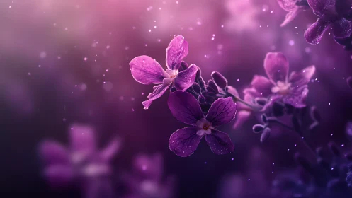 Purple Flowers Suspended in Magical Light and Mist