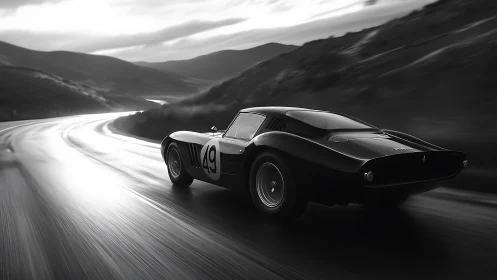 Vintage race car chasing light along a quiet mountain road.