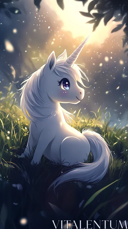 Gentle white unicorn resting in softly lit forest glade.
