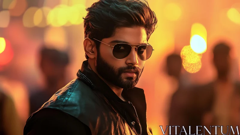 Bearded male in sunglasses against defocused urban lights.