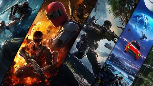 Multigenre tactical and sci‑fi worlds in segmented digital montage.