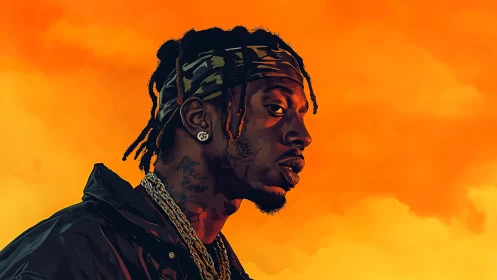 Male profile portrait rendered in bold orange digital style