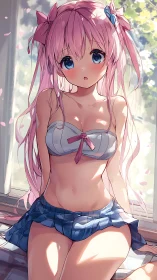 Gentle spring day with a shy pink haired anime girl.