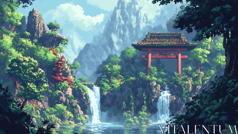 Pixel art mountain shrine with twin waterfalls and lush canopy.