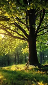 Majestic Tree Illuminated by Golden Sunlight Through Canopy