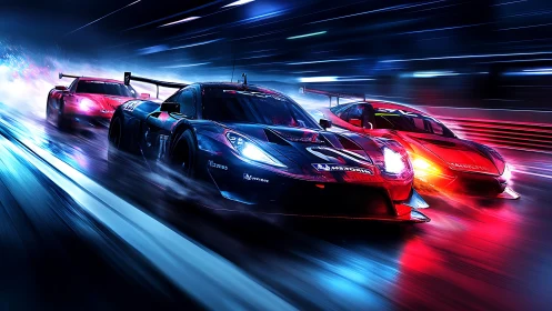 Night GT race cars streak through neon-lit rain-soaked circuit.