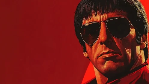 Shadows curl over stoic sunglasses in molten red glare