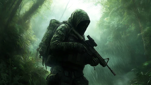 Camouflaged soldier with rifle moving through dense jungle.