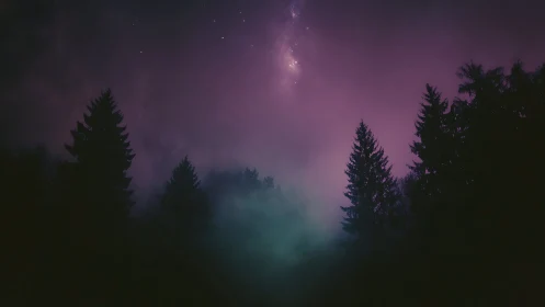 Coniferous forest silhouettes beneath starlit purple night sky.