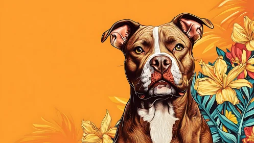 Digitally illustrated pit bull portrait framed by tropical florals