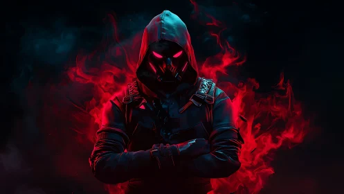 Hooded cyber assassin rises through neon crimson flames.