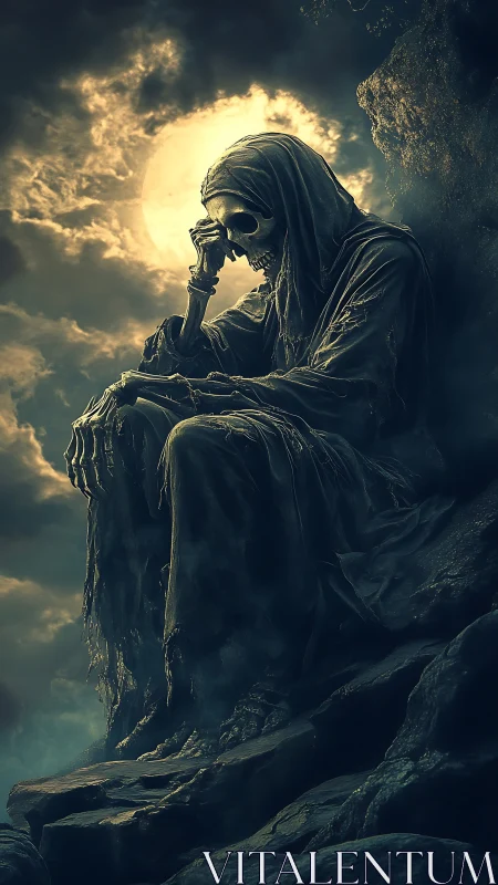Hooded skeletal reaper contemplates on rocky ledge under moonlit backlight