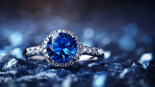 Blue sapphire halo ring on dark textured surface.