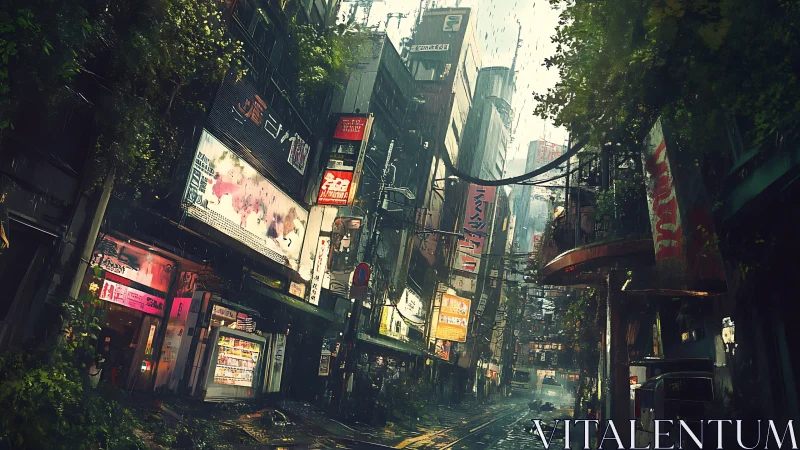 Cyberpunk rain-soaked alley with overgrown neon facades.