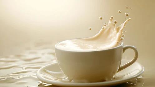 Creamy liquid splash captured in white ceramic teacup.