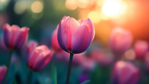 Sunlit pink tulip blooms against soft glowing bokeh field