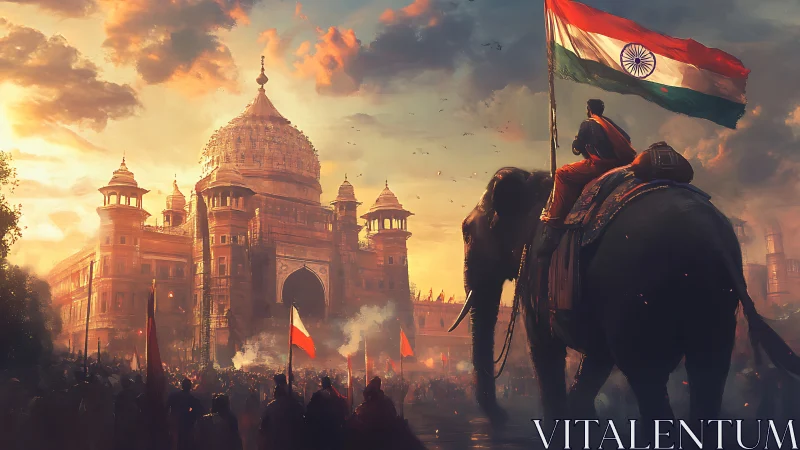 Heroic elephant rider salutes Indian fort in dramatic sunset light