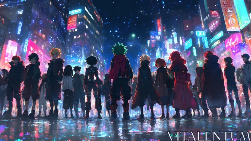 Teen silhouettes confront neon city under vivid starry night