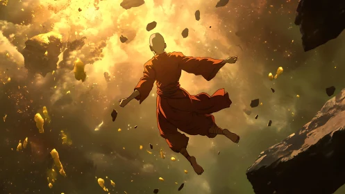 Monk figure levitates through luminous debris in turbulent nebula