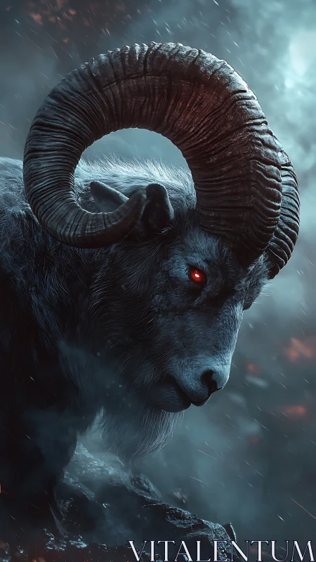 Stormlit ram with glowing eyes stands in eerie blue mist
