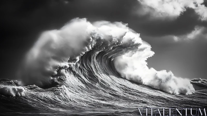 Monochrome ocean breaker under dense clouded skies.