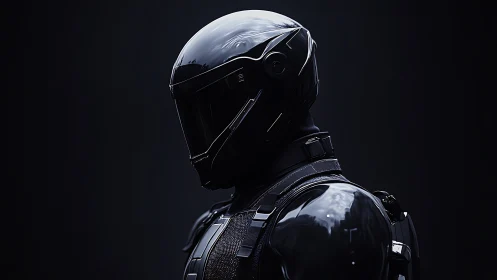 Futuristic black armored soldier in reflective helmet profile.