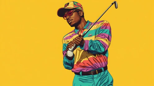 Colorful urban golfer poses against bold yellow backdrop.