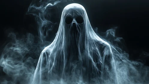 Spectral ghost rises from swirling smoke in eerie darkness