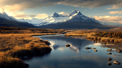 Sunlit river mirrors snow crowned mountains in quiet splendor.