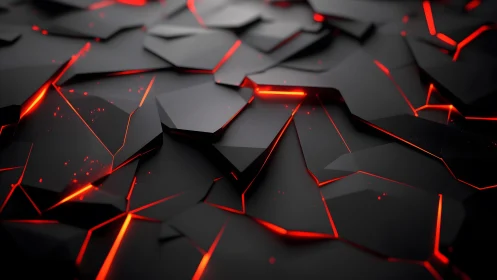 Futuristic Black Polygonal Surface with Glowing Red Cracks.