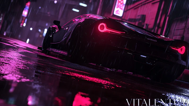Neon-lit supercar rear view in rain-soaked cyberpunk alley.
