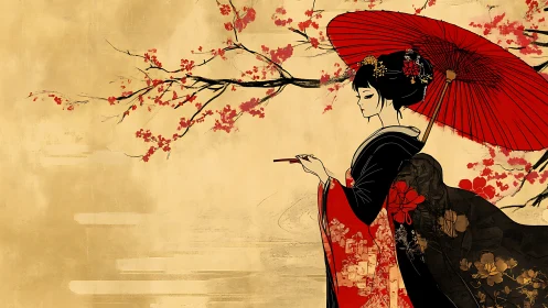 Geisha in black kimono under red umbrella by blossoms.