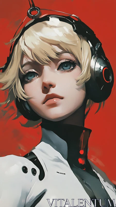 Calm android girl in sleek headset gazes with quiet resolve