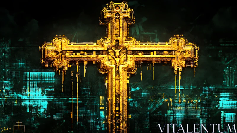 Geometric golden cross with digital structural detailing.
