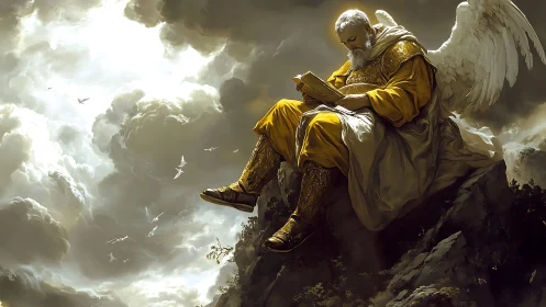 Solitary winged sage reading above the stormy clouds.