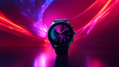 Modern black wristwatch with neon light streaks in futuristic style.