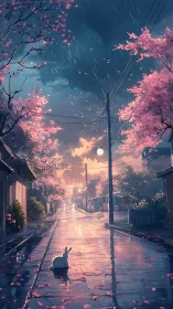 Rain-soaked cherry blossom street with reflective bunny vantage.