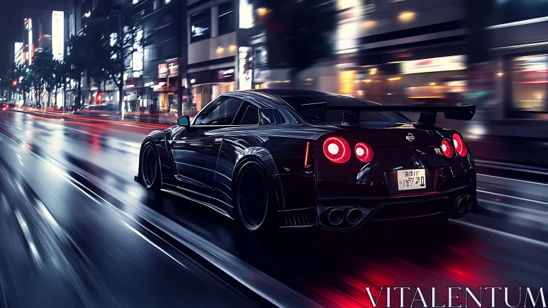 Black sports coupe on wet city street at night in motion.