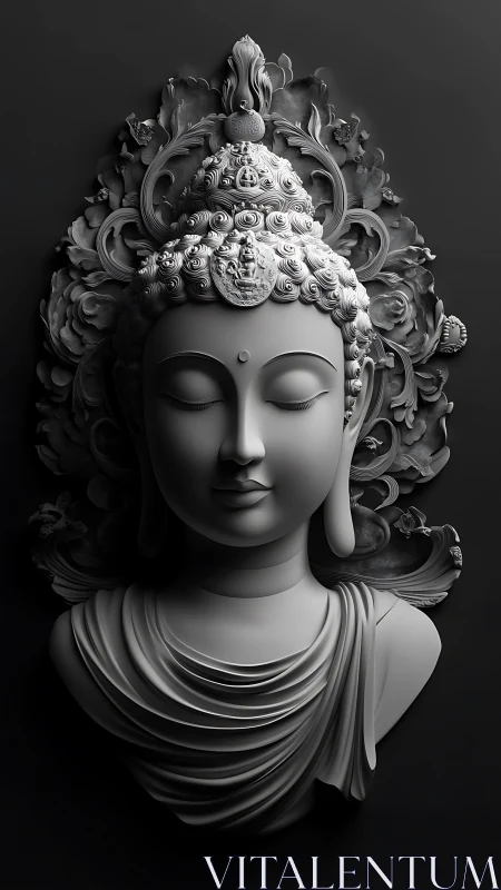 Monochrome 3D bust of serene Buddha figure on dark background
