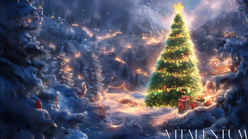 Christmas tree glows over snow-covered alpine valley at night