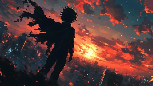 Silhouetted caped figure over cyberpunk skyline at sunset